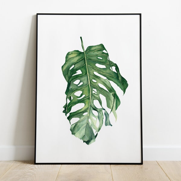 Monstera leaf print. Botanical watercolor art. Green monstera leaf painting. Tropical wall decor. Beach house wall art. Plant mom gift