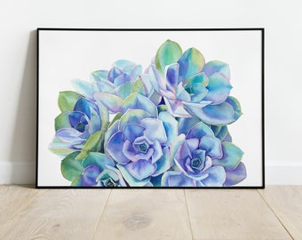 Watercolor succulents wall art print. Blue green cacti art. Botanical print. Instant download art. Cacti wall decor. Watercolor plant