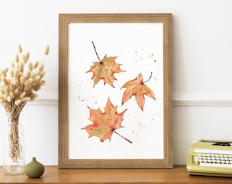Fall Leaves Print. Watercolor Autumn Maple Leaf wall art  (Digital Download)