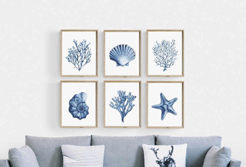 Blue shell prints set of 6. Navy algae, starfish printable wall art. Watercolor coastal prints. Nautical wall art. Beach cottage art prints image 6