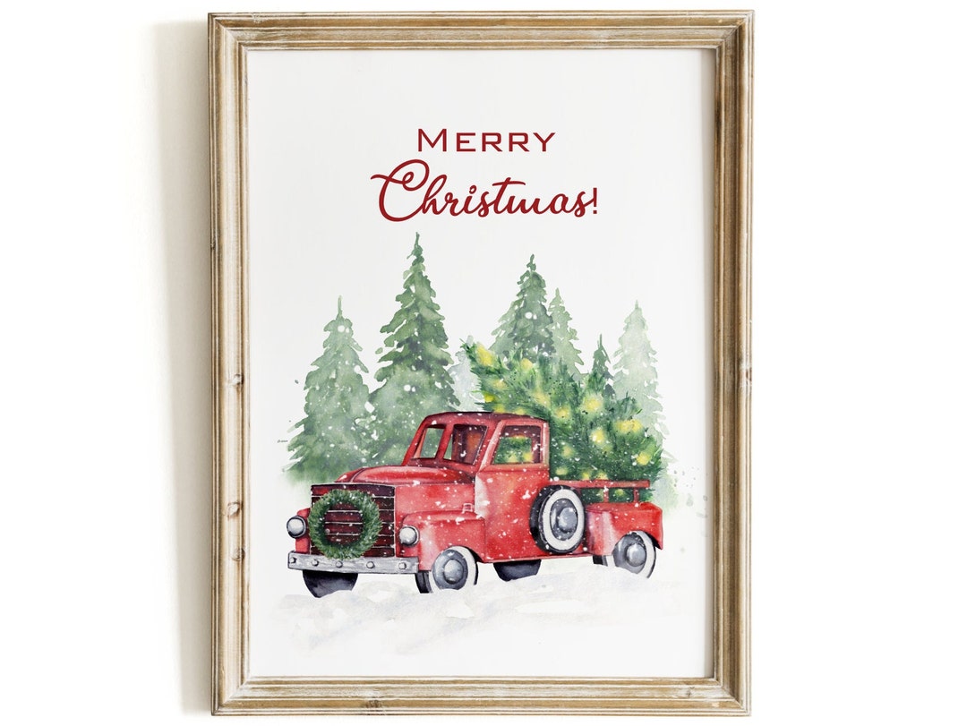 Red Truck Christmas Printable Home Decor, Farmhouse Christmas Wall Art ...