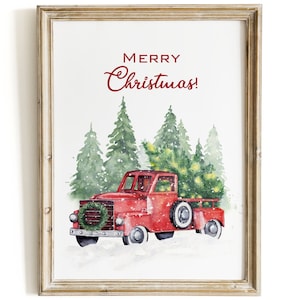 Hand-painted red truck, Christmas tree farm print. Farmhouse Christmas wall art digital print.