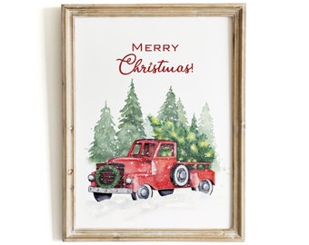 May include: A red vintage pickup truck with a Christmas tree in the back, driving through a snowy forest. The text "Merry Christmas!" is written in red at the top of the image.