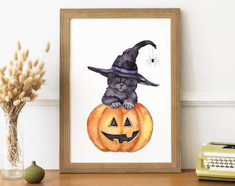 Halloween pumpkin cat print. Black cat witch hat printable wall art. Spooky halloween print. Watercolor witch cat. Fall Halloween wall decor