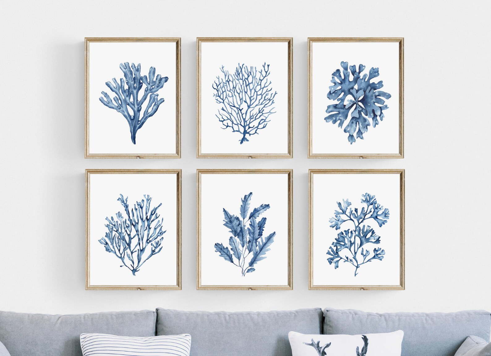 Blue Seaweeds Corals Prints Set of 6. Navy Coastal Printable Wall Art ...