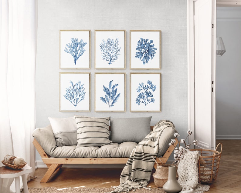 Blue Seaweeds Corals Prints Set of 6. Navy Coastal Printable - Etsy