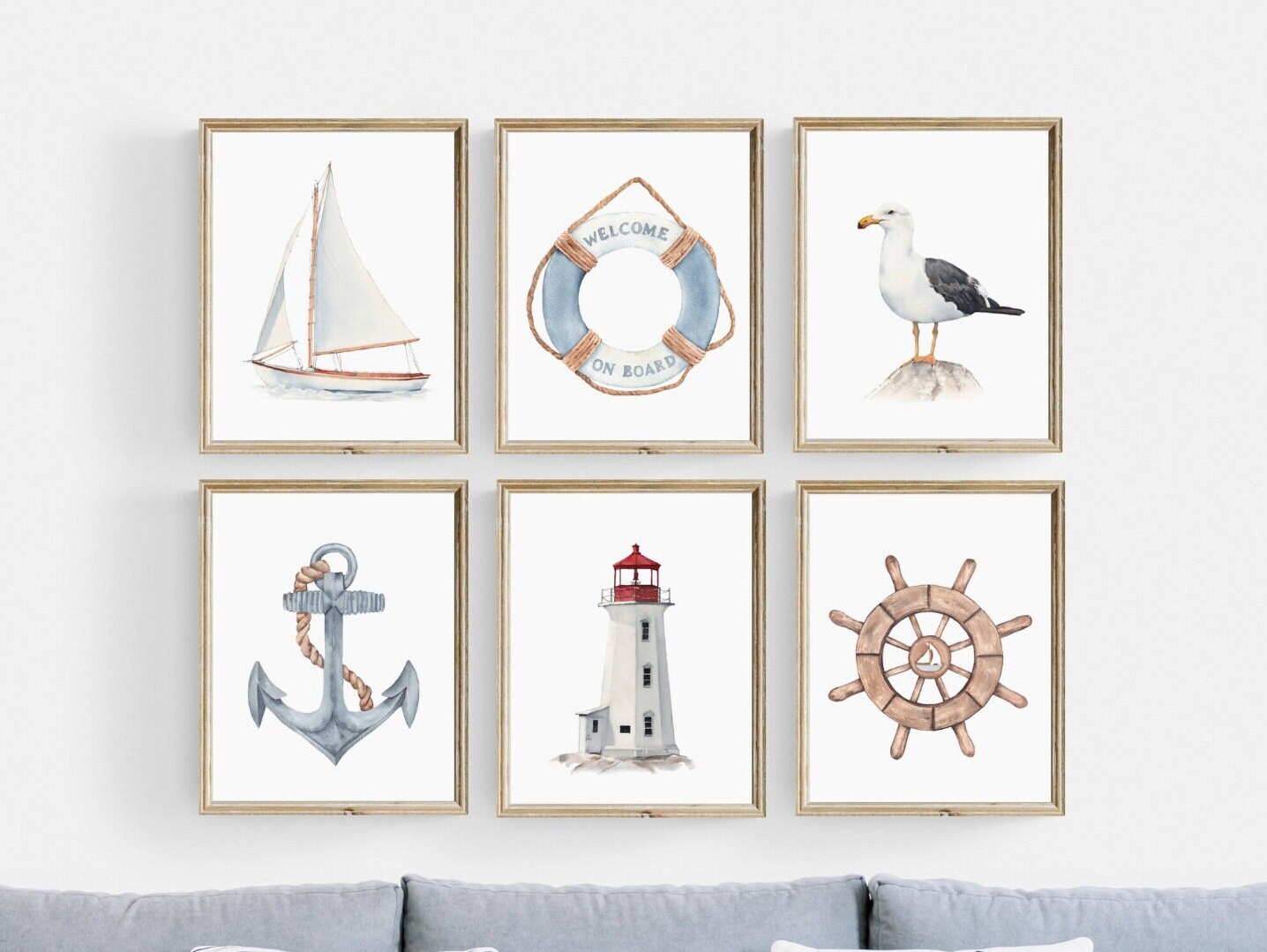 Nautical toddler boys room printable wall art. Set of 6 beach nursery art digital prints. Sailboat, anchor, seagull, lifebuoy, lighthouse.