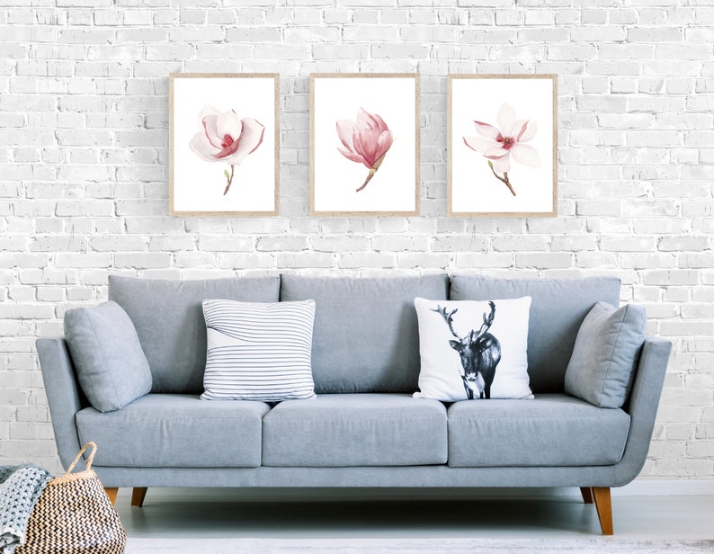 Pink magnolia wall art printable set of 3. Floral digital prints. Baby girl nursery wall art. Blooming flowers. Minimalist modern kids room image 6