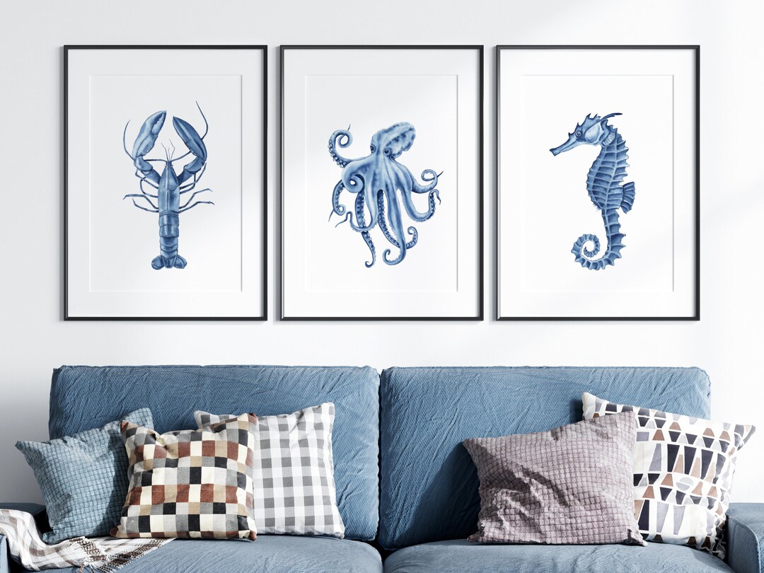 Blue Nautical Wall Art Prints Set of 3. Watercolor Lobster, Seahorse, Octopus. Coastal Printable