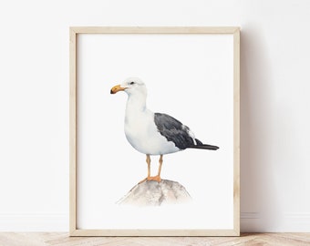 Impresión de gaviota. Arte de pared imprimible de aves marinas en acuarela. Impresión de aves costeras. Arte de pared costero neutro. Pintura de aves de playa. Decoración artística de gaviota.
