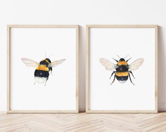 Juego de 2 impresiones artísticas de acuarela de abejorro: Arte mural de insectos (descarga digital)