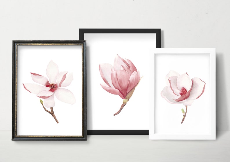 Pink magnolia wall art printable set of 3. Floral digital prints. Baby girl nursery wall art. Blooming flowers. Minimalist modern kids room image 7