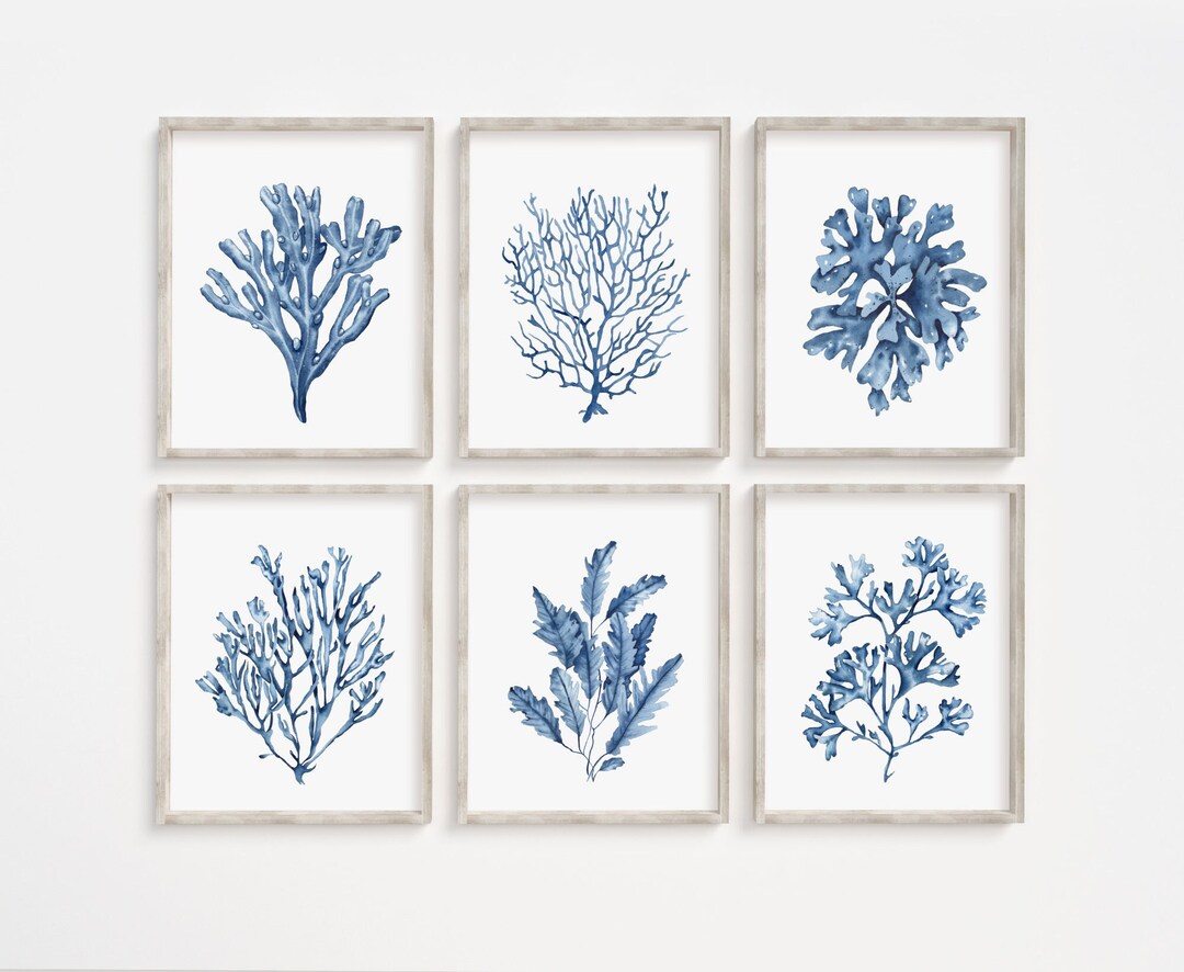 Blue Seaweeds Corals Prints Set of 6. Navy Coastal Printable Wall Art ...
