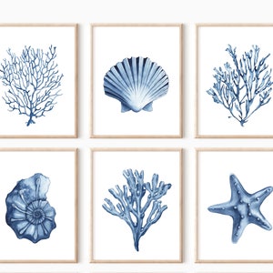 Blue shell prints set of 6. Navy algae, starfish printable wall art. Watercolor coastal prints. Nautical wall art. Beach cottage art prints image 2