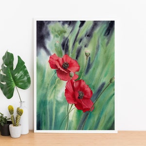 Watercolor poppy flowers painting. Printable red poppies. Poppy flower wall decor. Living room wall decor. Poppies artwork. Poppy field.