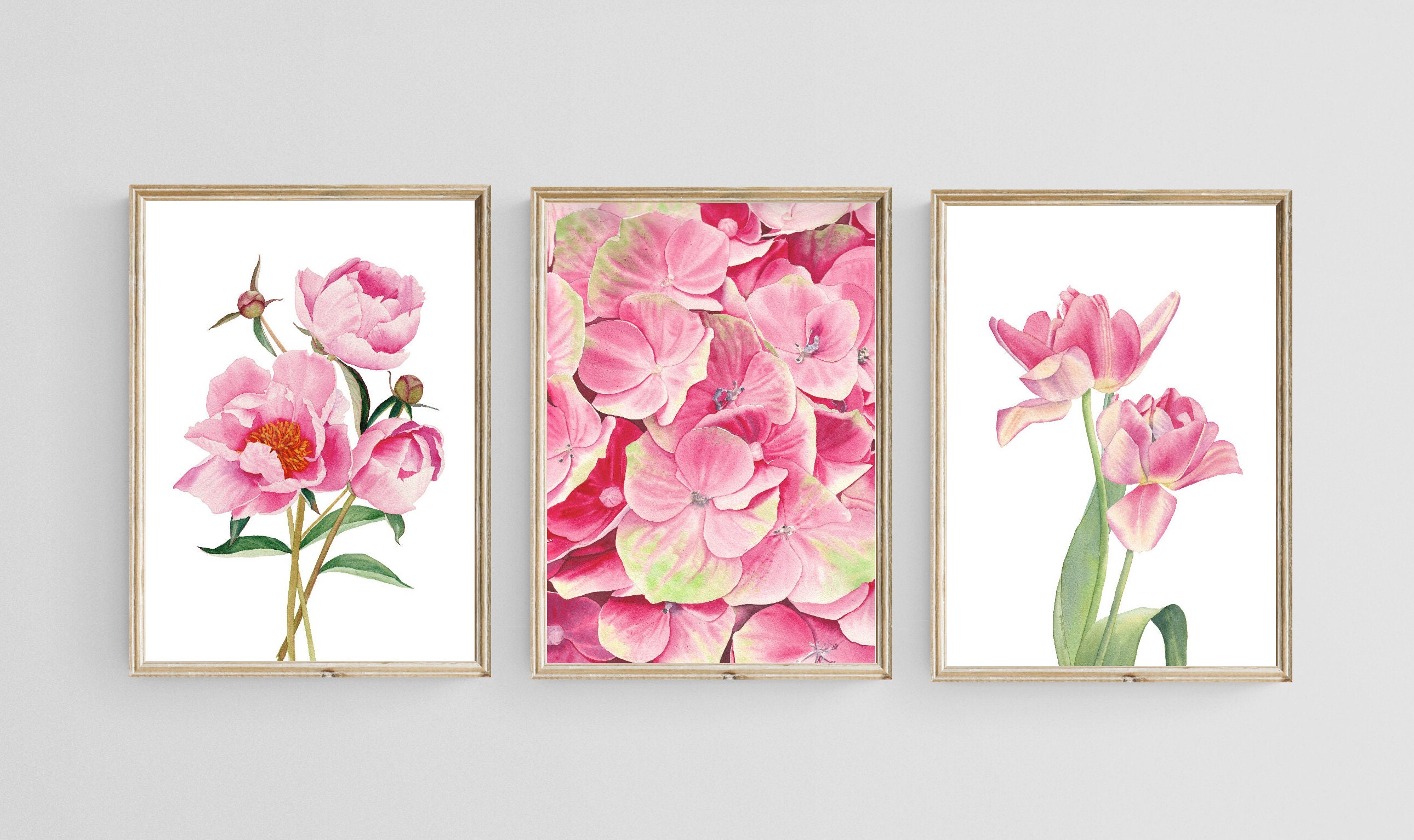 Watercolor Floral Prints Set of 3. Peony, Hydrangea, Tulips Wall Art ...