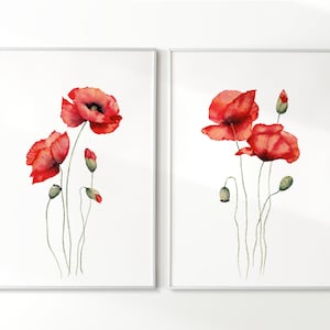 Rode klaprozen aquarelafdrukken set. Afdrukbare muurkunst met wilde bloemen. Set van 2 klaprozen. Digitale rode bloemenprints. Wanddecoratie boerderij