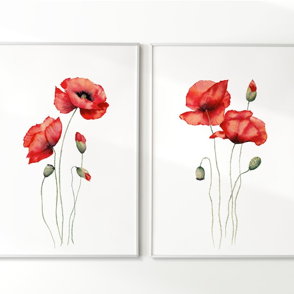 Ensemble d'impressions aquarelles de coquelicots rouges. Art mural imprimable fleurs sauvages. Lot de 2 fleurs de pavot. Impressions numériques florales rouges. Décoration murale de la ferme