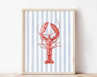 Red Lobster on blue stripes watercolor print: Coastal Beach Wall Art (Digital Download)