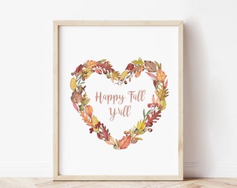 Happy Fall printable wall art. Watercolor fall leaves print. Autumn leaves poster. Leaf Heart art print.  Rustic Farmhouse fall wall art.