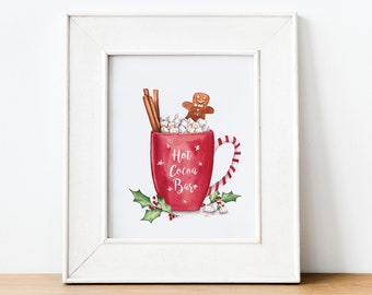 ホットココアバーのプリント。水彩画のクリスマスウォールアート。印刷可能なホリデーキッチンデコレーション。クリスマスウィンターパーティーの看板。ホットチョコレートバーの看板。