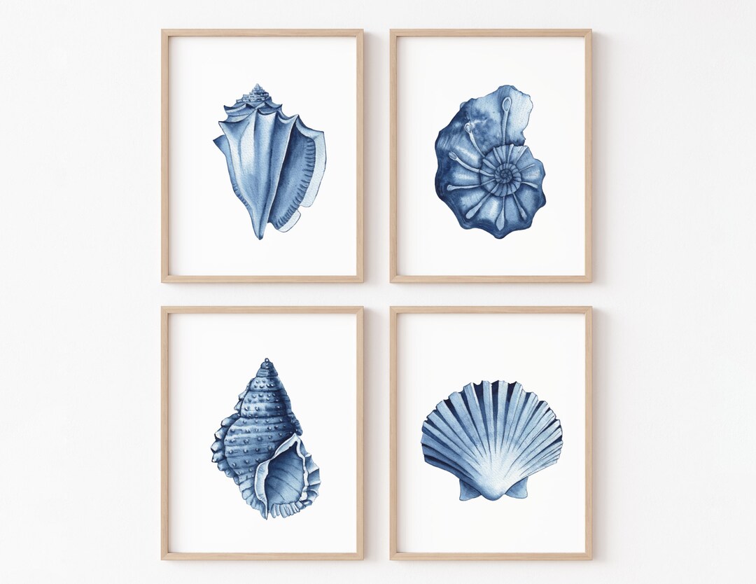 Blue Seashells Prints Set of 4. Coastal Printable Wall Art.