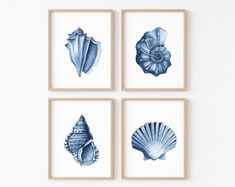 Blue seashells prints set of 4. Coastal printable wall art. Watercolor indigo mussels. Sea life posters. Nautical wall art. Beach wall decor