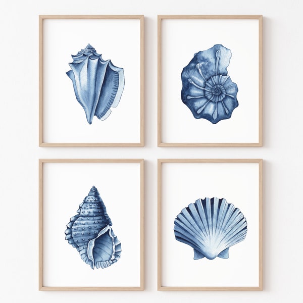 Blue seashells prints set of 4. Coastal printable wall art. Watercolor indigo mussels. Sea life posters. Nautical wall art. Beach wall decor