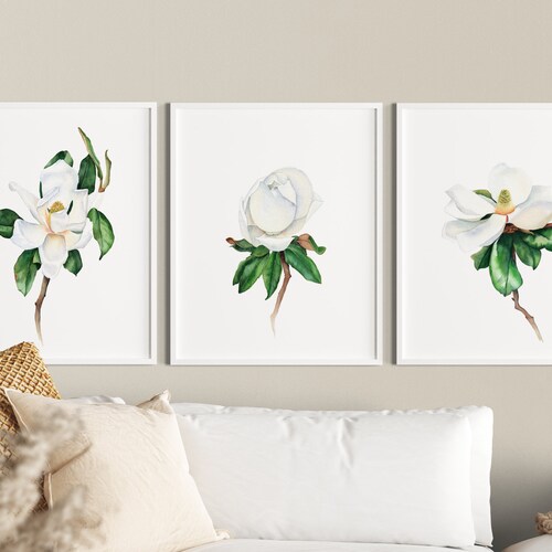 Magnolia Wall Art White Flower Wall Art Botanical Prints Set Etsy