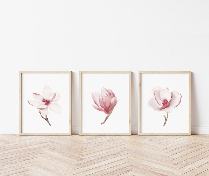 Pink magnolia wall art printable set of 3. Floral digital prints. Baby girl nursery wall art. Blooming flowers. Minimalist modern kids room image 1
