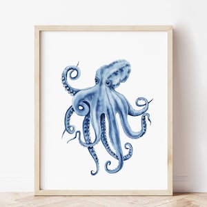 Blue octopus wall art print. Watercolor sea creature poster. Coastal printable art. Ocean life print. Beach house decor. Octopus painting