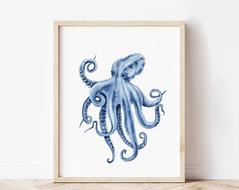 Blue octopus wall art print. Watercolor sea creature poster. Coastal printable art. Ocean life print. Beach house decor. Octopus painting