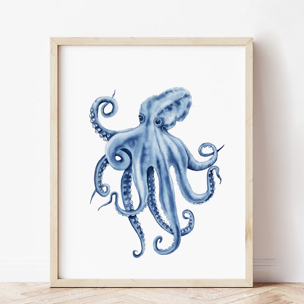 Blue octopus wall art print. Watercolor sea creature poster. Coastal printable art. Ocean life print. Beach house decor. Octopus painting