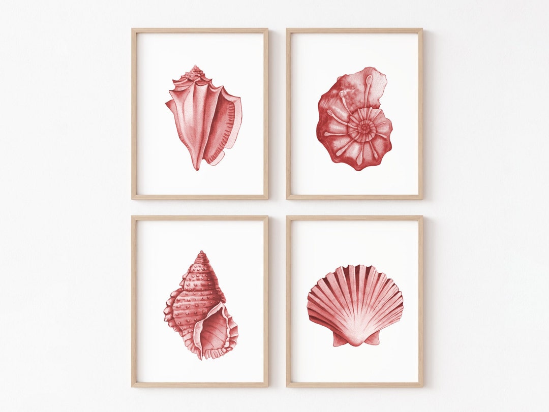 Red Shells Painted Red Seashells Prints Set of 4. Hand-painted Watercolor Sea Life Wall ...