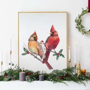Kardinalvögel Wandkunst Druck. Aquarelle der nördlichen Kardinalvögel. Druckbare Gartenvögel. Weihnachtsrotes Kardinalpaar Gemälde. Vögel Kunst