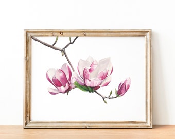 Magnolia flower print. Floral wall art. Printable magnolias branch. Watercolor pink flowers digital print. Living room decor. Flowers print