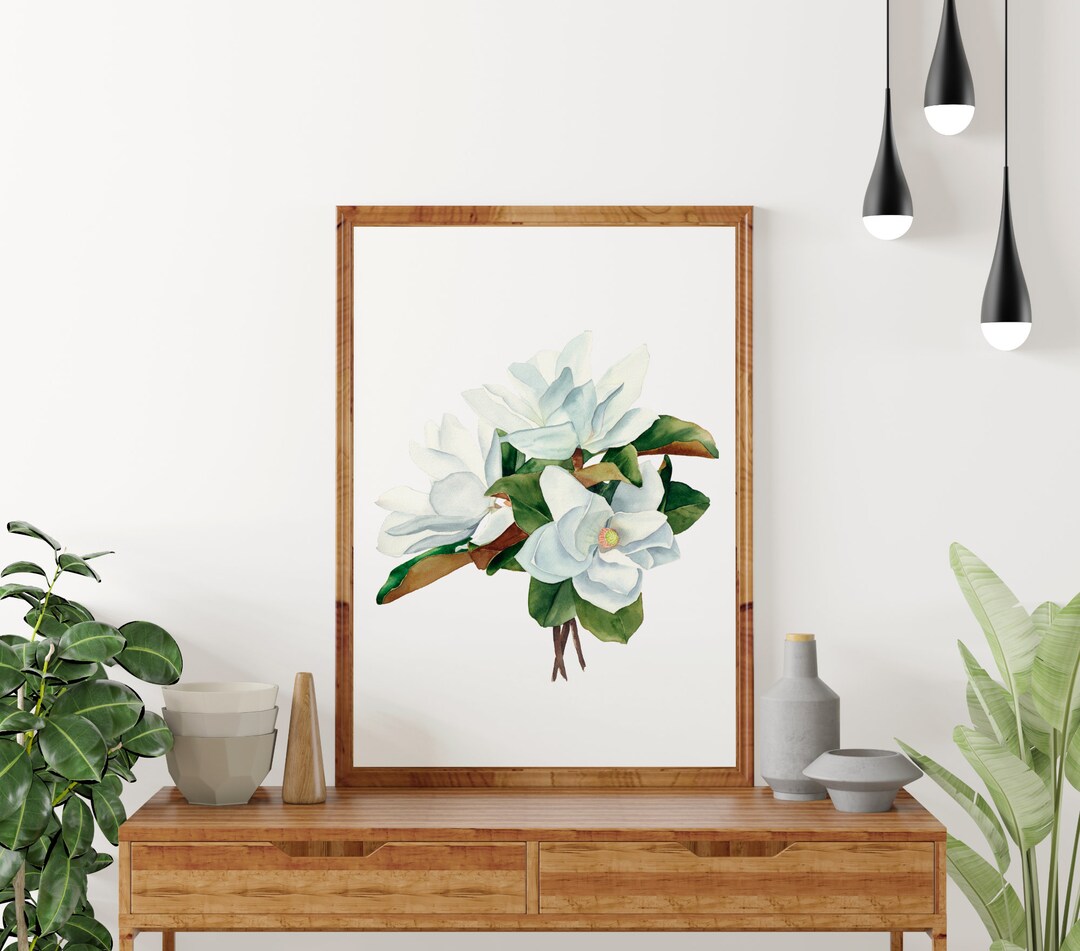 White Magnolia Wall Art Print. Digital Art Magnolia Blossom. Botanical ...