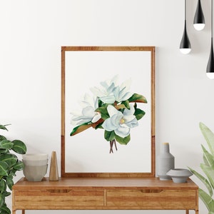 White magnolia wall art print. Digital art magnolia blossom. Botanical print. Floral wall decor. Watercolor magnolia flower painting.