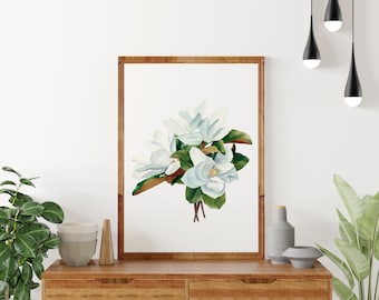 Watercolor White Magnolia Print, Floral Bouquet Wall Art (Digital Download)