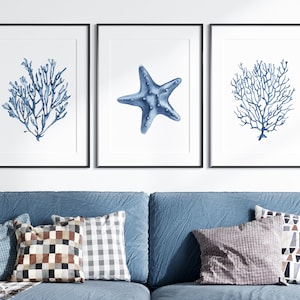 Blue shell prints set of 6. Navy algae, starfish printable wall art. Watercolor coastal prints. Nautical wall art. Beach cottage art prints image 4