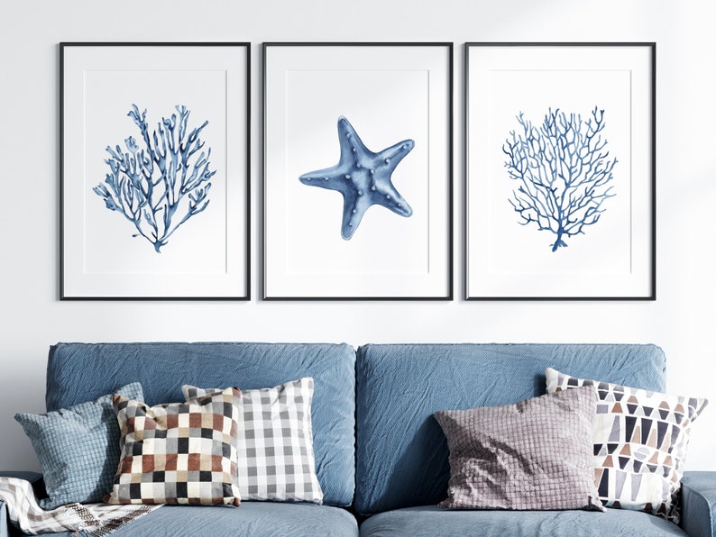 Blue shell prints set of 6. Navy algae, starfish printable wall art. Watercolor coastal prints. Nautical wall art. Beach cottage art prints image 4