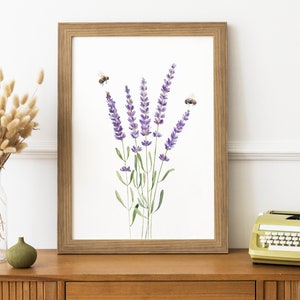 Watercolor lavender printable wall art. Wildflowers print. Bumble bees lavender. Farmhouse botanical digital print. Floral kitchen wall art