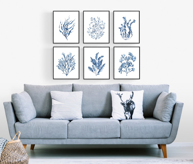 Blue Seaweeds Corals Prints Set of 6. Coastal Printable Wall Art ...