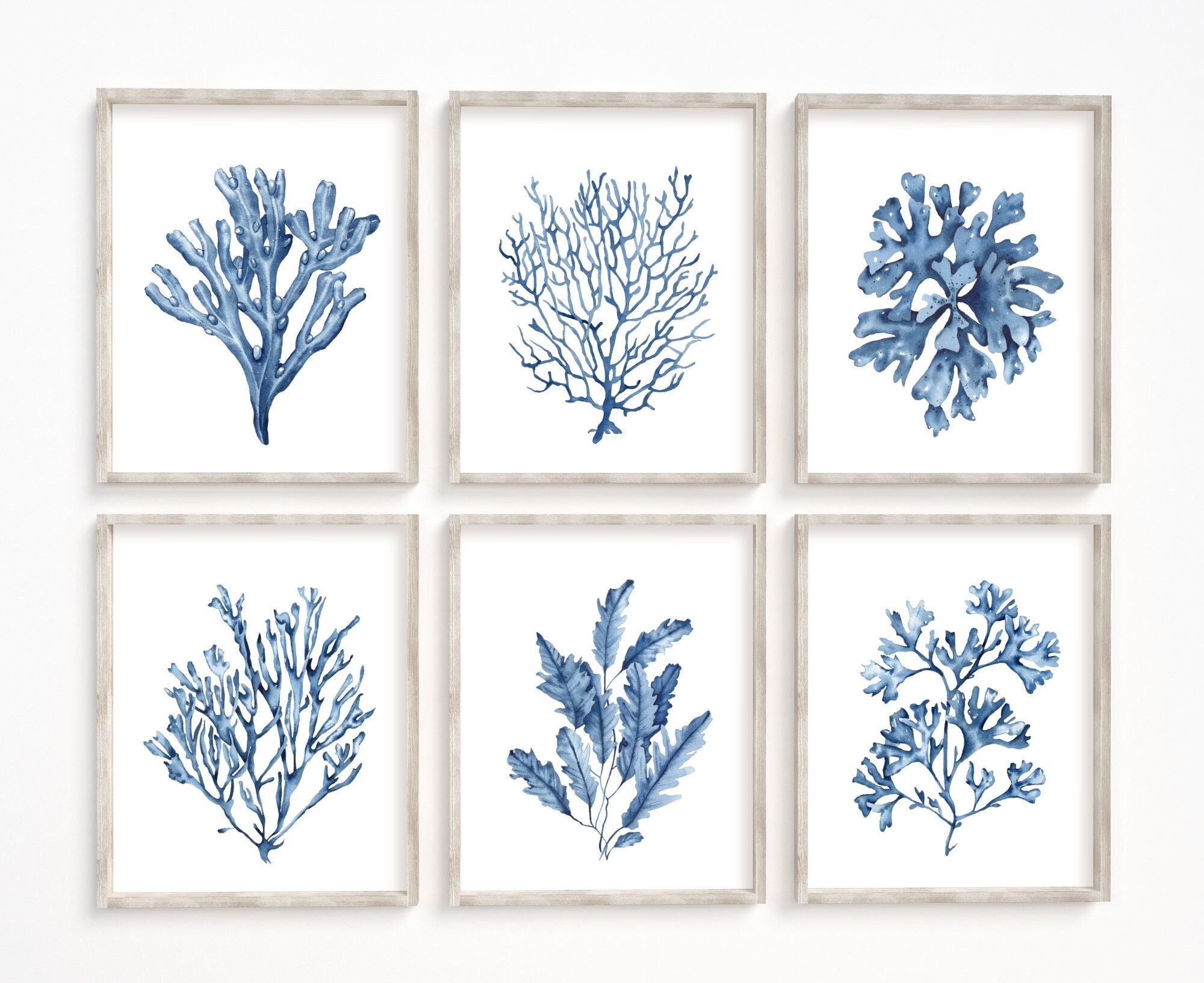 Blue Seaweeds Corals Prints Set of 6. Navy Coastal Printable Wall Art ...