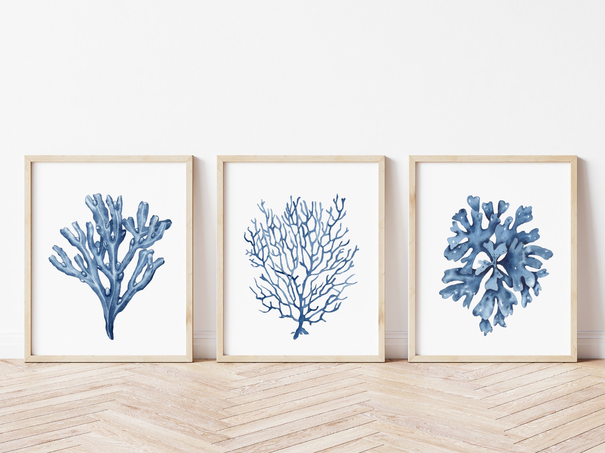 Blue Seaweeds Corals Prints Set of 6. Navy Coastal Printable Wall Art ...