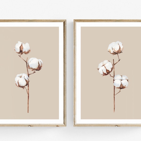 Beige botanical prints set of 2. Cotton bolls posters. Watercolor cotton branch art. Neutral floral wall art set. Minimalist plant gallery