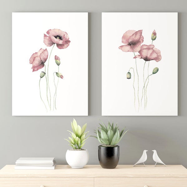 Blush pink poppies prints set of 2. Pastel watercolor poppy flowers. Floral printable wall art. Modern botanical wall decor. Wildflowers art