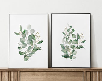 Watercolor eucalyptus print set of 2. Sage green botanical art prints. Digital download
