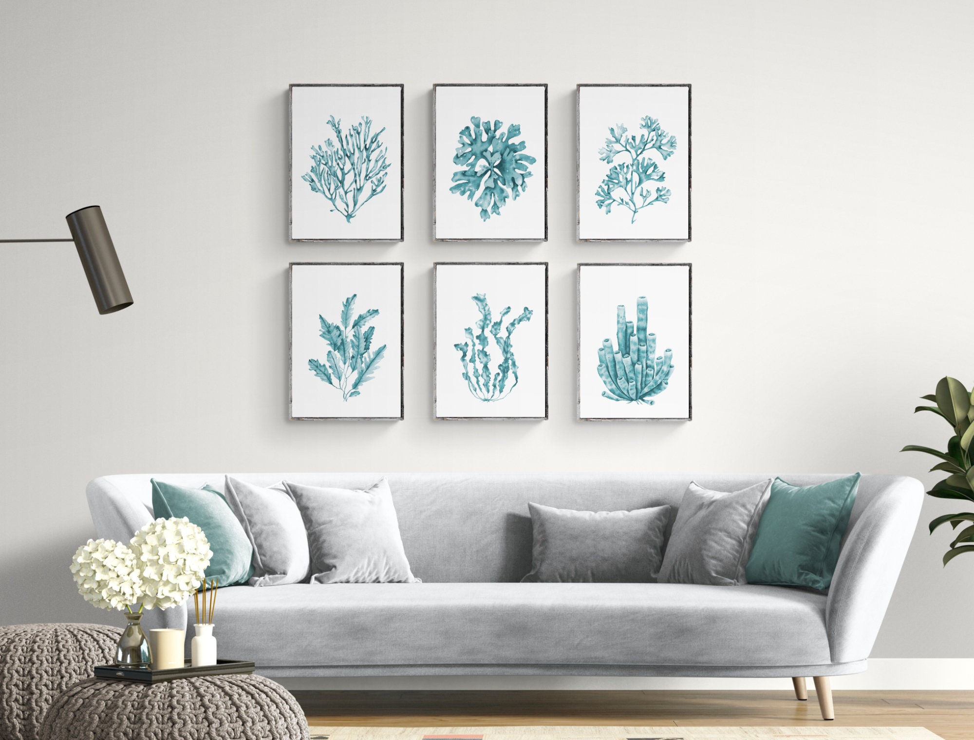 Teal Seaweeds Prints Set of 6. Turquoise Coastal Printable Wall Art ...