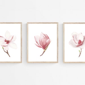Pink magnolia wall art printable set of 3. Floral digital prints. Baby girl nursery wall art. Blooming flowers. Minimalist modern kids room image 3